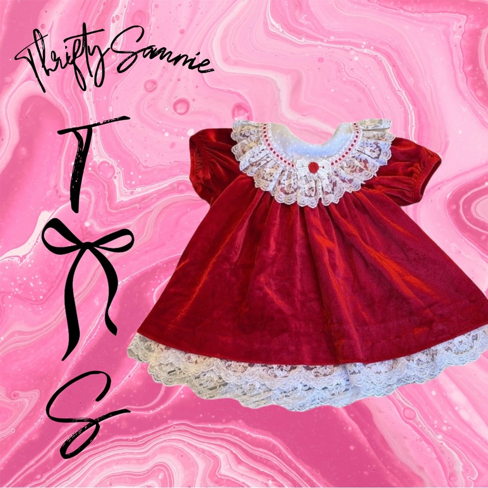 Rare Editions Red Velvet Dress with White Lace